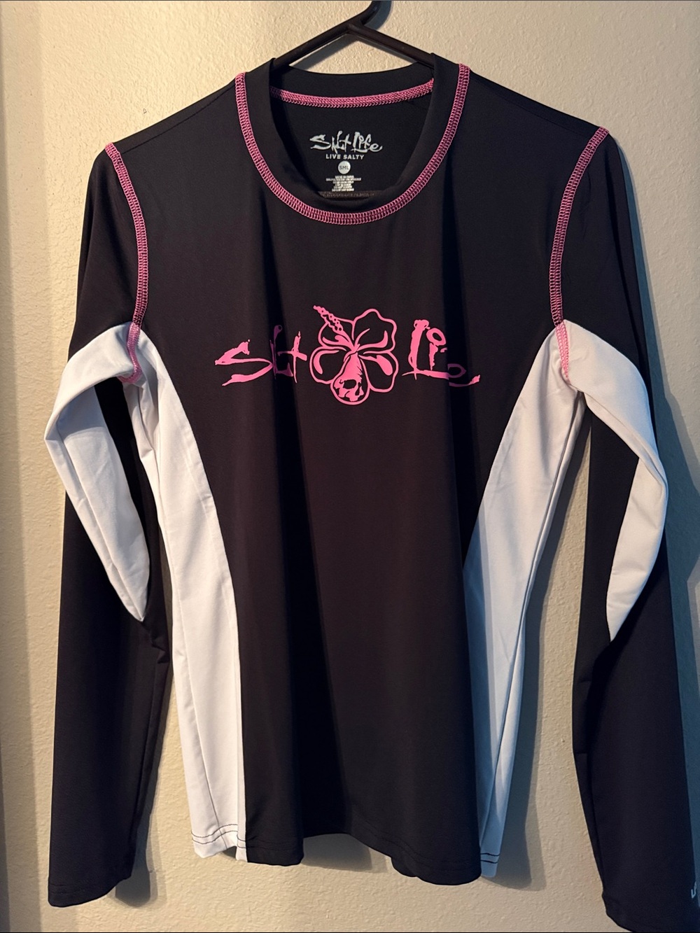 Salt Life Black and White Rash Guard with Pink Logo UPF50
